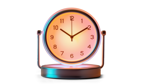 fashionable desk clock with neon lighting, png file of isolated cutout object with shadow on transparent background.