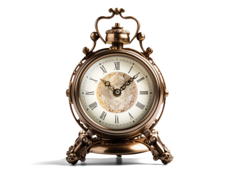 vintage table alarm clock, png file of isolated cutout object with shadow on transparent background.