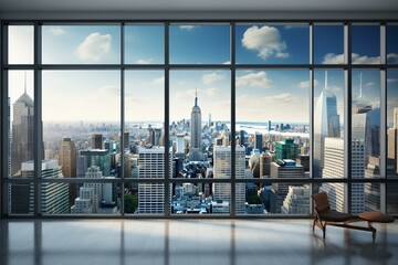Midtown NYC skyline view from high-rise window showcasing expensive real estate. Empty interior with cityscape of skyscrapers in daylight. West side. 3D rendering. Generative AI
