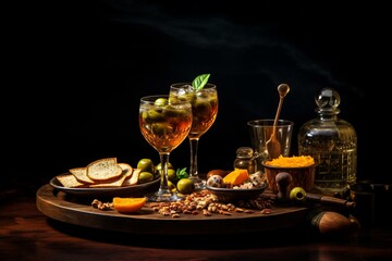 Spanish vermouth cocktail with appetizers on wooden base against dark background. Generative AI
