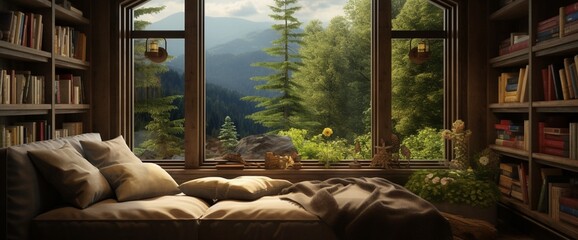 A cozy reading nook by the window, the outside view offering serene copy space.