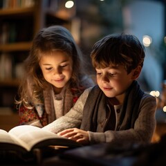 Fototapeta na wymiar A boy and a girl are reading a book. Generative AI.
