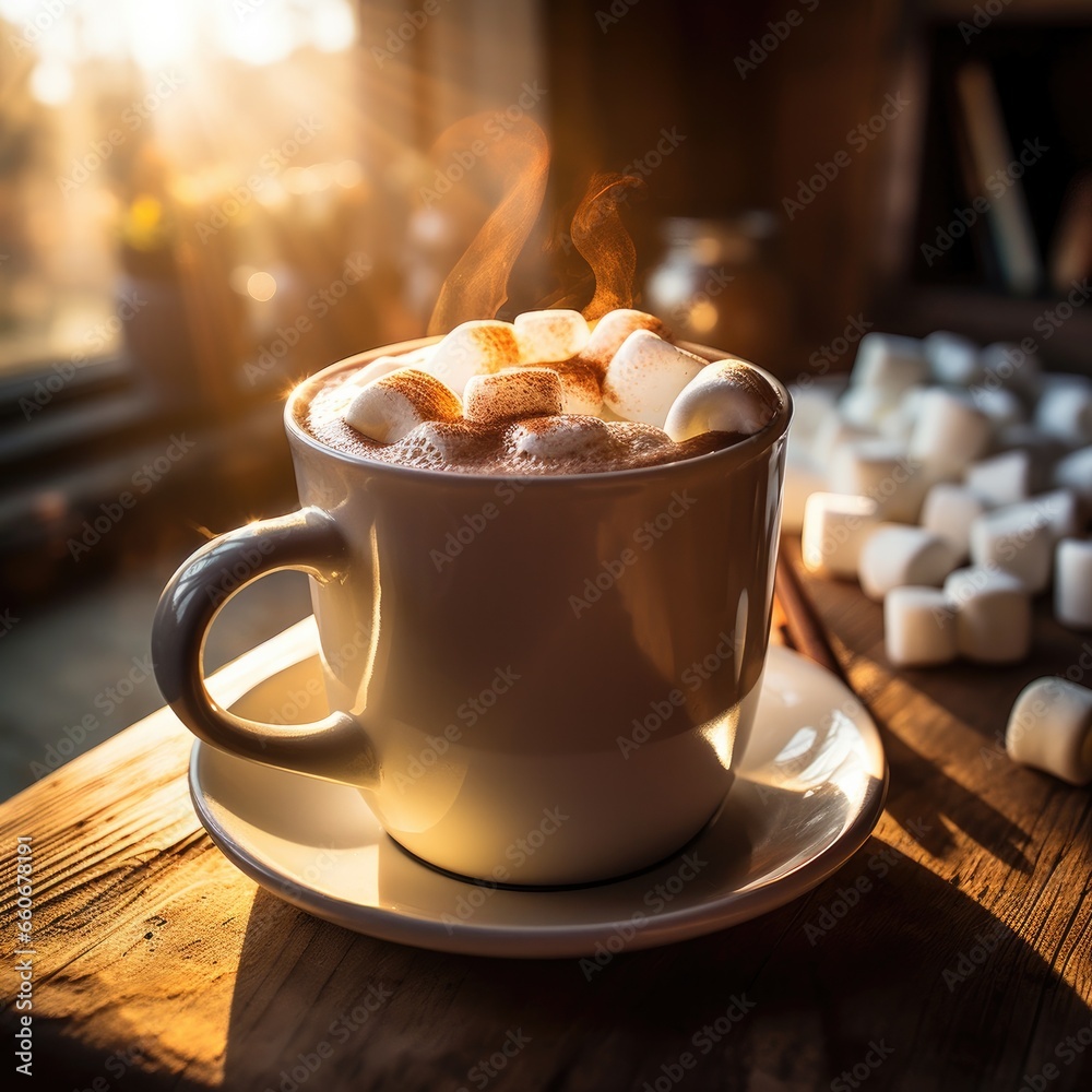 Sticker A cup of hot chocolate with marshmallows on a saucer. Generative AI.