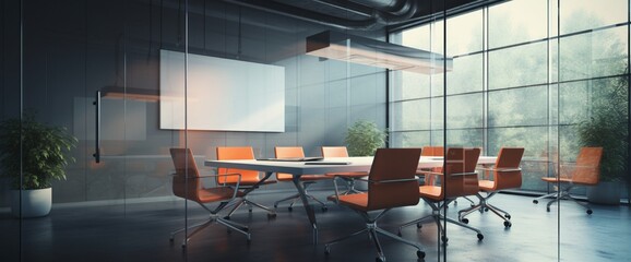 A modern conference room with glass walls, the presentation screen blank and ready for content.