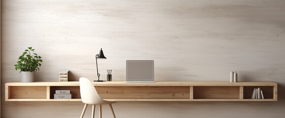 A minimalist office space with a wooden desk, its whitewashed wall radiating simplicity.