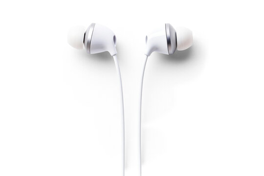 white earphones, png file of isolated cutout object with shadow on transparent background.