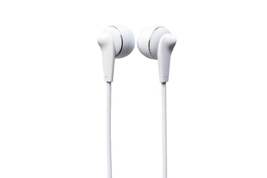 white earphones, png file of isolated cutout object with shadow on transparent background.