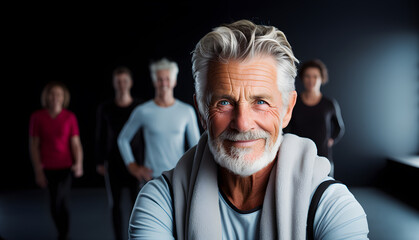 Happy mature gray-haired man in sportswear in a gym or class with sporty people in the background. Importance of sport in older people. Generative ai
