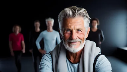 Deurstickers Happy mature gray-haired man in sportswear in a gym or class with sporty people in the background. Importance of sport in older people. Generative ai © JMarques
