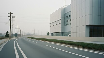 Fototapeta na wymiar Gray building and asphalt road. early in the morning, foggy japanese city. generative AI