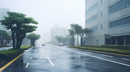 Gray building and asphalt road. early in the morning, foggy japanese city. generative AI
