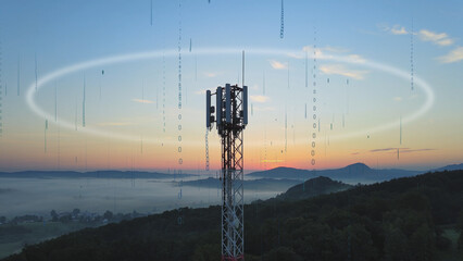 Base station telecommunication tower surrounded by digital binary code characters. 5G global...