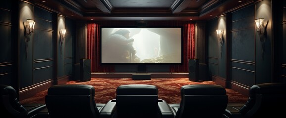 A posh home theater with plush seating, the projector screen retracting to present copious copy space.