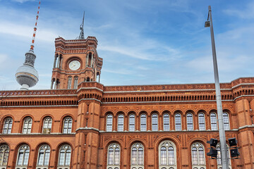 Red City Hall (Rotes Rathaus, 1869) - historic town hall, located in the Mitte district near Alexanderplatz. Berlin, Germany. - obrazy, fototapety, plakaty