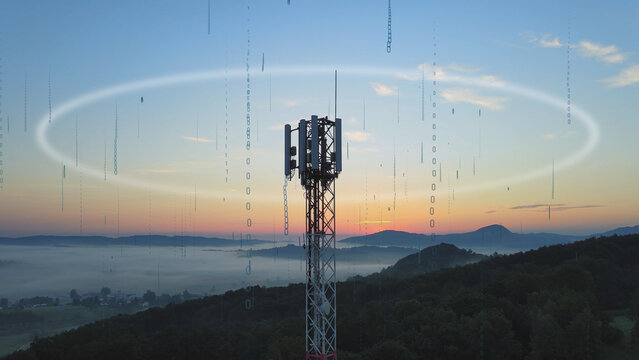 Base station telecommunication tower surrounded by digital binary code characters. 5G global connection information transmitter cellular antenna - Powered by Adobe