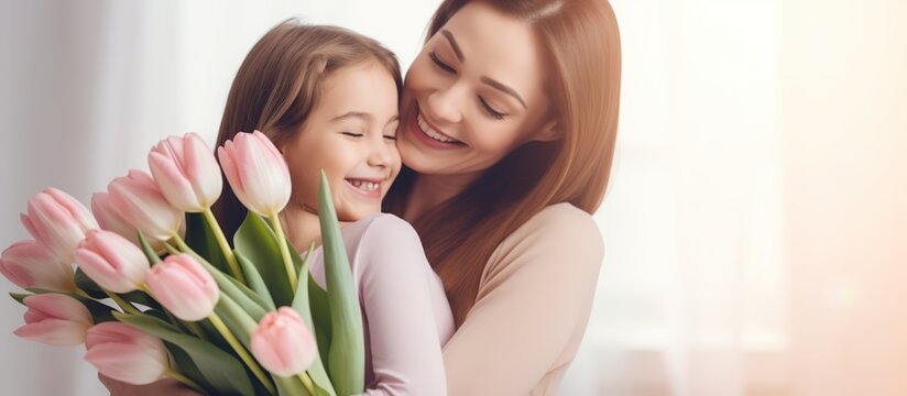 Happy little girl with her mother and tulips