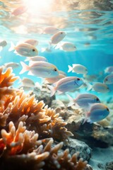A group of fish swimming over a coral reef. Generative AI.