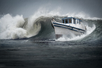 Fishing Boat sailing through a wave in rough seas, USA