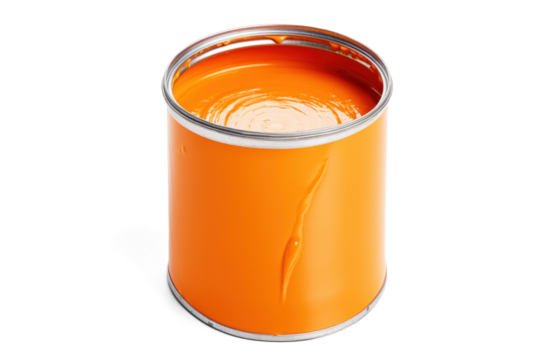 large open used can of orange paint, png file of isolated cutout object with shadow on transparent background.