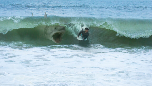 Great white shark about to attack a man on a bodyboard