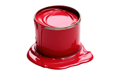 large open used can of red paint with drips, png file of isolated cutout object with shadow on transparent background.