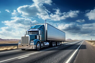 Truck with hoppers driving on highway under blue sky. Generative AI