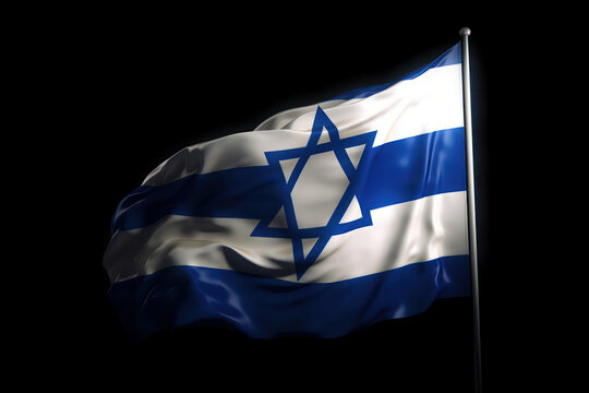 Flag of Israel, waving on a black background. Generative AI