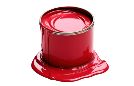 large open used can of red paint with drips, png file of isolated cutout object with shadow on transparent background.