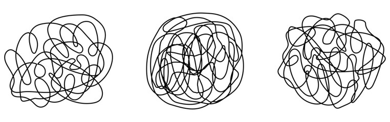 Tangled round scribble shapes set continuous line drawn. Chaotic linear circles collection. Vector illustration isolated on white.