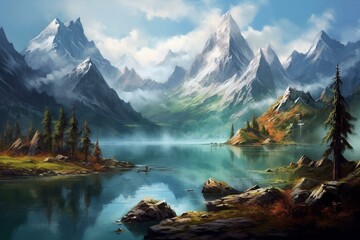 A beautiful lake and mountain scenery. Generative AI