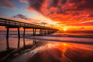 Fototapeta na wymiar Beautiful sunrise over the Atlantic Ocean at a fishing pier on Amelia Island, Florida. Generative AI