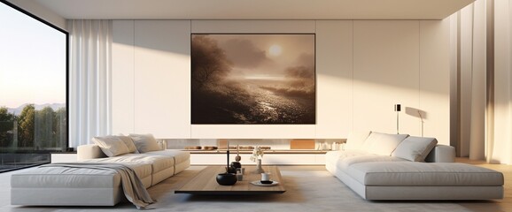 Fototapeta na wymiar A sleek modern living room with a vast white wall, ideal for artistic projections.
