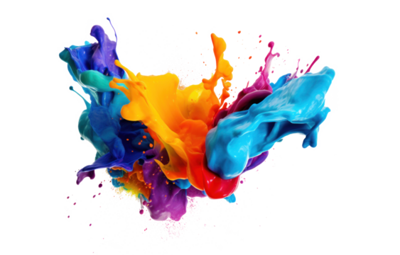 3D volumetric explosion blot of multi-colored paint in air or liquid water, png file of isolated cutout object on transparent background.