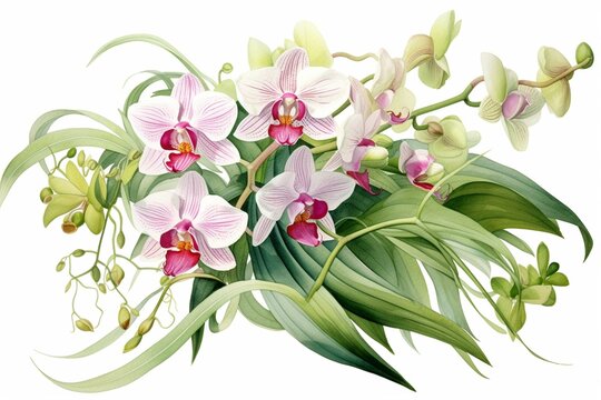 Watercolor painting of tropical floral orchids and green leaves on a white background. Generative AI
