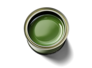 new open large can of green paint, png file of isolated cutout object with shadow on transparent background.