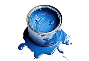 large open can of blue paint with drips, png file of isolated cutout object on transparent background.