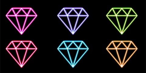 set neon brilliant diamond symbol glowing desktop icon, neon sticker, neon figure, glowing figure, neon geometrical figures 