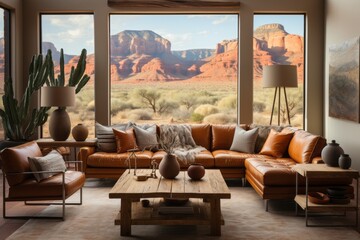 western living room with warm, earthy tones, tribal prints, and cacti - obrazy, fototapety, plakaty