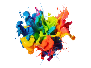 3D volumetric explosion blot of multi-colored paint in air or liquid water, png file of isolated cutout object on transparent background.