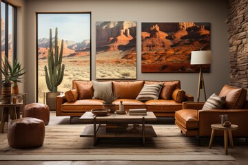 western living room with warm, earthy tones, tribal prints, and cacti