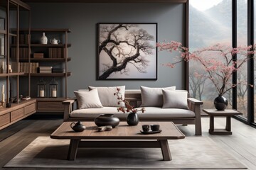 Zen living room with minimalistic furniture, soothing colors, and Asian decor - obrazy, fototapety, plakaty