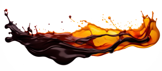 3D volumetric explosion blot of black orange paint in air or liquid water, png file of isolated cutout object on transparent background.