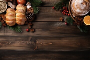 Food Christmas: Top View of Beautifully Arranged Christmas Table with Delicious Homemade Delights and Rustic Decor