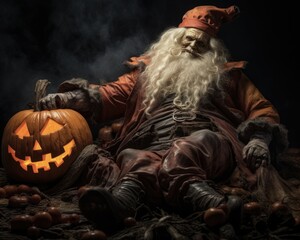 Distraught Dead Santa and Creepy Pumpkin: A Skittish Halloween Horror Scene