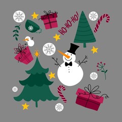 Christmas tree cartoon set snowman and snowflakes pattern for wrapping paper and fabrics and linens