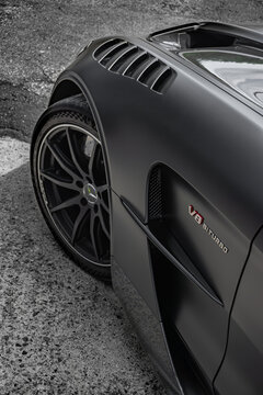 Mercedes Benz AMG GT Black Series - Magno Black - front end top down view, wheel and front fender in focus - High Resolution Image