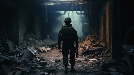 Fototapeta na wymiar Courageous Steps: Soldier Navigates Urban Devastation, Generative AI