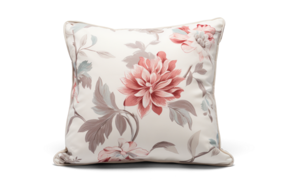 sofa decorative pillow cushion with floral pattern, png file of isolated cutout object with shadow on transparent background.