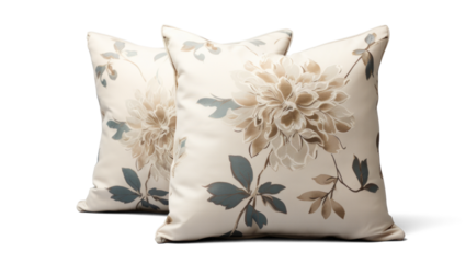 sofa decorative pillow cushion with floral pattern, png file of isolated cutout object with shadow on transparent background.