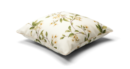 sofa decorative pillow cushion with floral pattern, png file of isolated cutout object with shadow on transparent background.